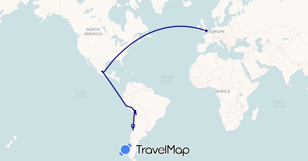 TravelMap itinerary: driving in Bolivia, Chile, United Kingdom, Mexico, Peru, United States (Europe, North America, South America)